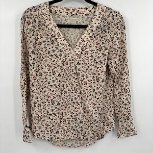 hinge Blouse Top Womens XS Cream Floral Print‎ Crinkle Rayon Long Sleeve V-Neck